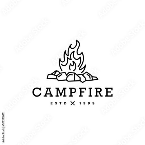 camping fire logo design, hot campfire logs on outline line style vector illustration. Vintage simple line of camping flame for party poster and banner