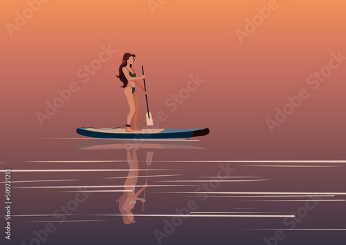 Meet sunset sup board, concept. Girl stand up on paddle board at lake