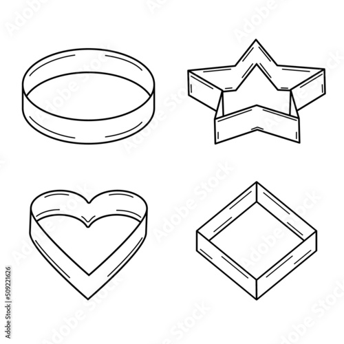 Hand drawn set of molds for making cookies. Doodle style. Sketch. Vector.
