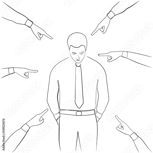 Sad person is judged by people and pointed fingers at him one line drawing on white isolated background. Negative feeling of human emotions 
