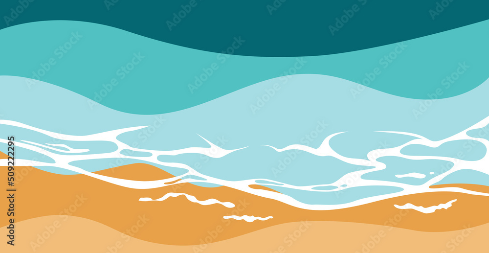 Summer beach landscape with sea waves and sand. Foamy waves runs over the sandy shore. Vector illustration.