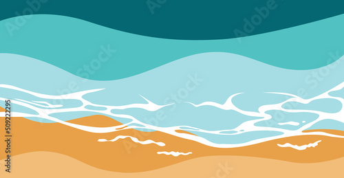 Summer beach landscape with sea waves and sand. Foamy waves runs over the sandy shore. Vector illustration.