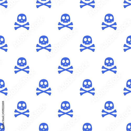 Small blue skulls and crossbones isolated on white background. Cute monochrome seamless pattern. Vector simple flat graphic illustration. Texture.