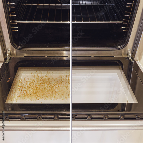 Dirty and clean oven, before and after cleaning and washing the stove glass. Washed grease on the oven window door, collage photo