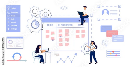 Kanban software development outline concept Agile visual project management method Teamwork Project management framework methodology Strategy for precise and effective coding task Vector illustration