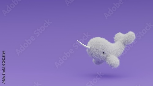 Fur white narwhal isolated on purple background. Cute furry sea unicorn. Cartoon baby whale with horn. 3d rendering illustration. photo