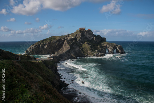 View of the bridge to San Juan de Gaztelugatxe island from above. Biscay Bay, Spain