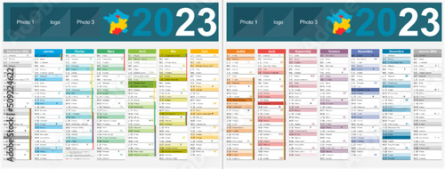 Calendrier 2023 14 mois au format 320 x 420 mm  avec vacances 2023 recto verso entièrement modifiable via calques et texte arial