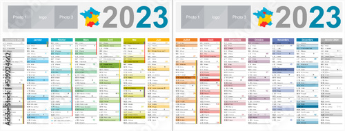 Calendrier 2023 14 mois au format 320 x 420 mm  avec vacances 2023 recto verso entièrement modifiable via calques et texte arial