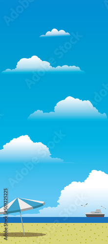 夏休みのビーチ ～砂浜と水平線と船とビーチパラソルと青空 ～ 縦長構図
