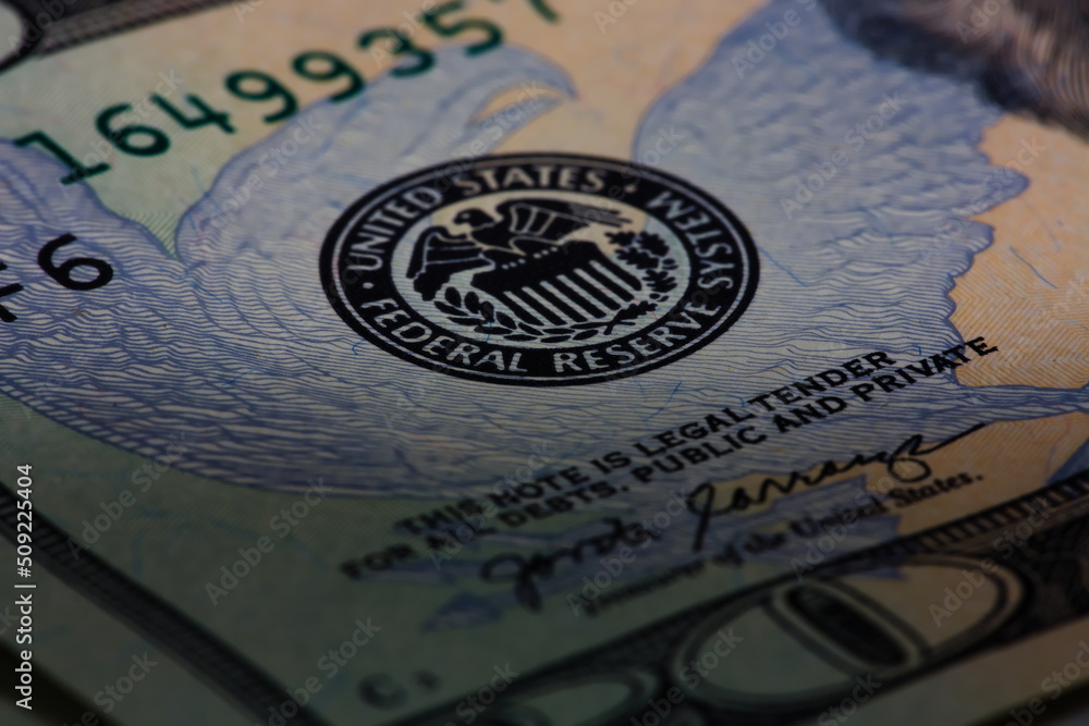 Closeup macro image of US 20 dollar bill and the Federal  Reserve symbol - obrazy, fototapety, plakaty 