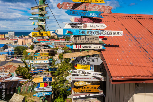 Mileage Distance Signs near the Mirador in Punta Arenas, Chile photo