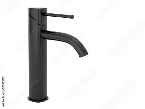 Black bathroom faucet. Modern style mixer with one handle isolated on white background. 3d render illustration