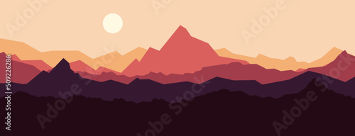 Vector illustration. Sunset or sunrise. Mountains with hills. Flat style landscape. 