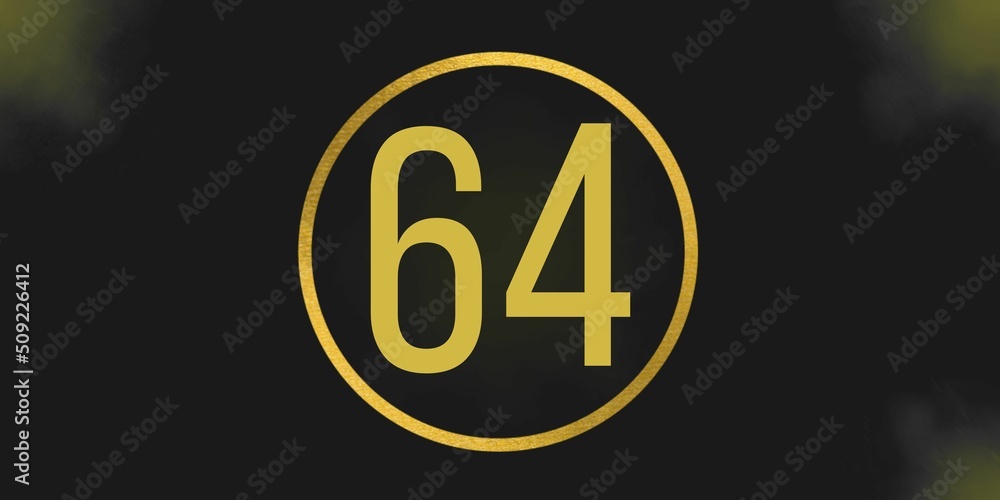 Number 64. Banner with the number sixty four on a black background and gold details with a circle gold in the middle Number 64. Banner with the number sixty four on a black background and gold details with a circle gold in the middle