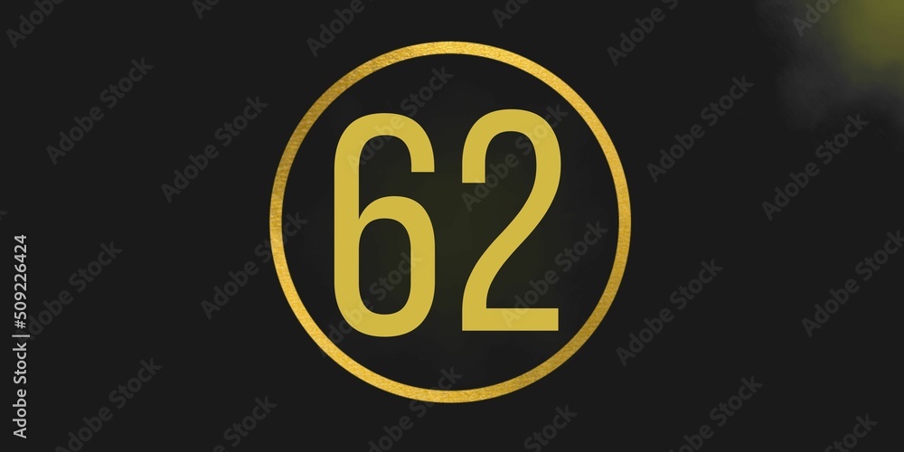 Number 62. Banner with the number sixty two on a black background and gold details with a circle gold in the middle Number 62. Banner with the number sixty two on a black background and gold details with a circle gold in the middle