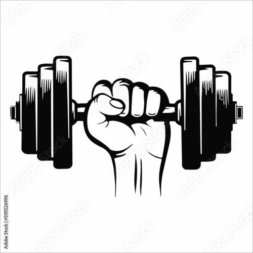 Vector hand drawn silhouette of strong hand lifting up steel dumbbell isolated on white background. Template for sport icon, symbol, logo or other branding. Modern retro illustration.