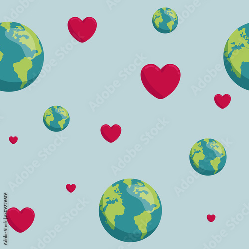 earth in the shape of a heart. seamless pattern Cartoon globe. web icons green happy nature character. love ecology earth planet world map catastrophic illustration template. save the planet