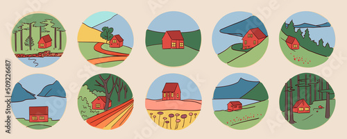 Collection of different rural landscape with the houses and mountains and hills, vector illustration.