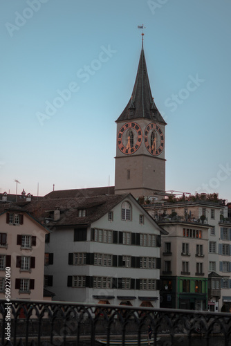 St. Peter's Church in Zurich and its clock at sunset on a March day