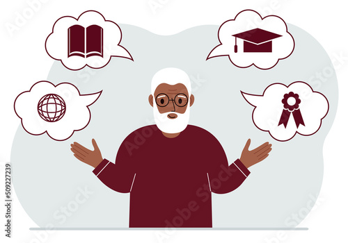 Happy granddad with thoughts about learning. Internet profession, higher education, stock exchange, financial literacy. Various icons about education.