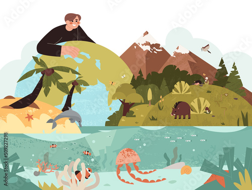 Flat biodiversity, earth ecosystem and diversity of planet life. Ecologyst protect to flora and fauna. Person save of habitat types of wild animals, birds, ocean fishes, tropical trees and forest.