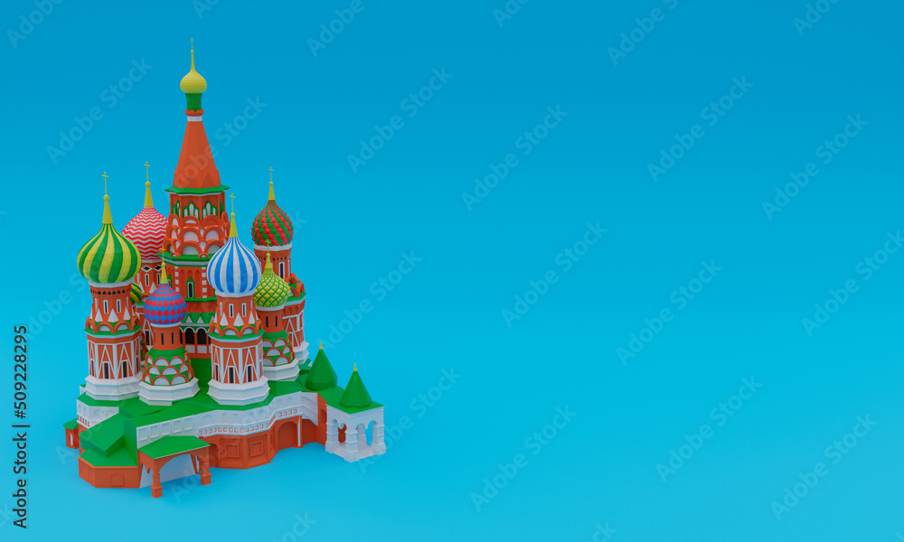 3d illustration, Saint Basil's cathedral, in Moscow, blue background, copy space, 3d rendering