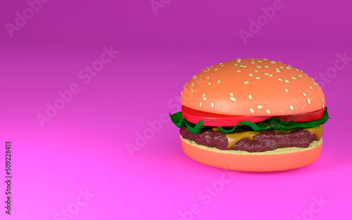 3d illustration, hamburger, fuchsia background, copy space, 3d rendering