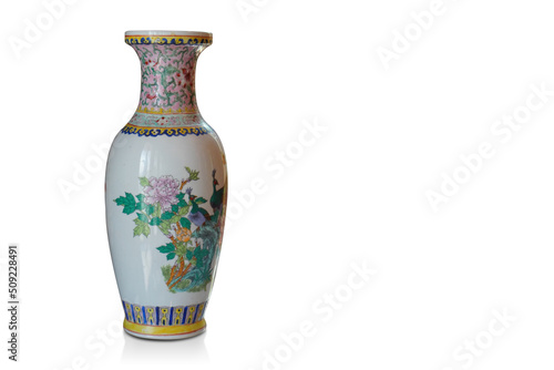 antique colorful and white ceramic flower and animal vase on white background, object, decor, template, copy space