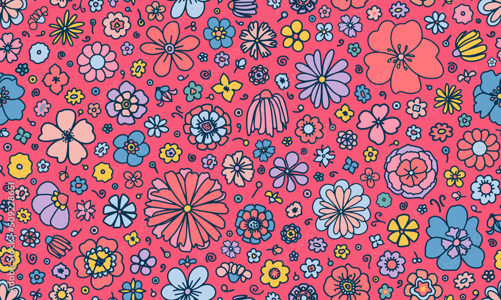 Retro flower power seamless repeat pattern. Random placed, vector doodled florals all over surface print on pink background.