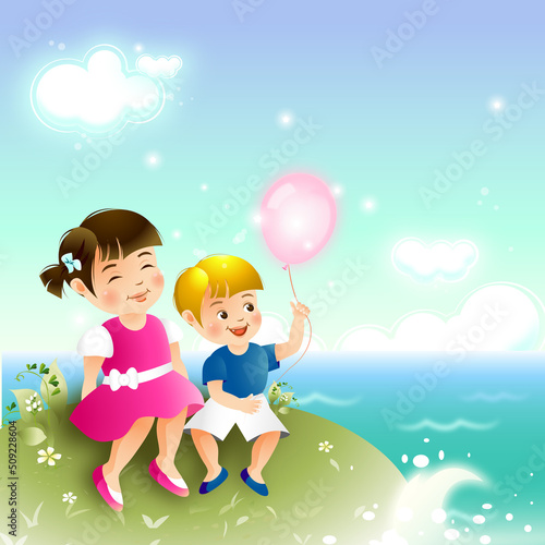 Happy kids at the seaside with a balloon