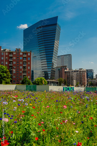 Glass skyscraper surrounded by flowering field © pierluigipalazzi