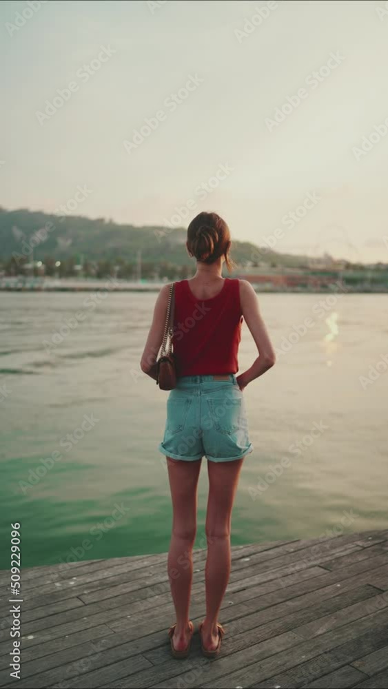 VERTICAL VIDEO: Girl stands on the embankment and looks at the bay. Young woman looks at the sea in the morning time. Back view VERTICAL VIDEO: Girl stands on the embankment and looks at the bay. Young woman looks at the sea in the morning time. Back view