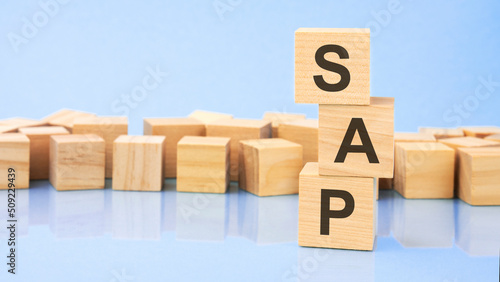 Fotografi on a bright blue background, light wooden blocks and cubes with the text sap