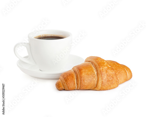 Croissant with coffee mug on white background