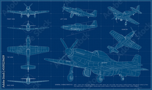  American long-range, single-seat fighter and fighter-bomber used during World War II and the Korean War. Aircraft blueprint with projections, isometry and perspective. photo