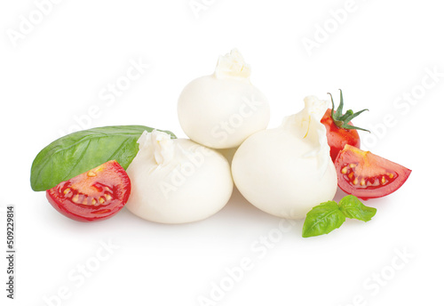 Fototapeta Naklejka Na Ścianę i Meble -  Mozzarella with tomatoes, butter and basil on a white background