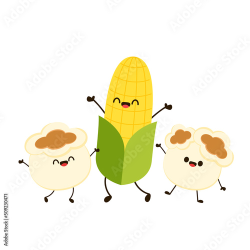 Corn and popcorn cartoon. Vector mascot, cartoon and illustration of a corn holding popcorn. Character design.