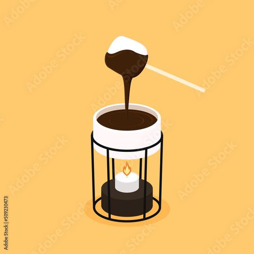 Illustration of chocolate fondue. Chocolate fondue and marshmallows vector.