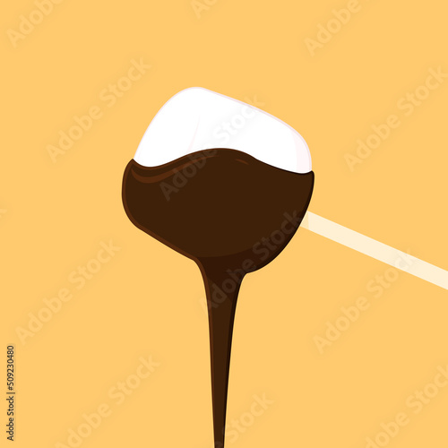Marshmallows with chocolate on a wooden stick on a white background. Sweet gingerbread, traditional food, dessert.