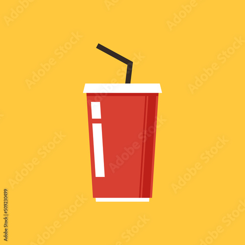 Soda in a glass. Vector illustration in flat style. Red paper cup template for soda or cold beverage with drinking.