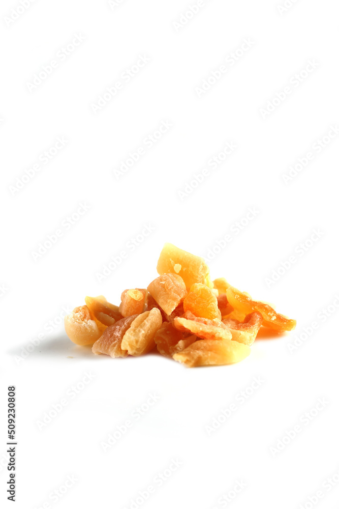 a pile of candied cantaloup isolated on white background. Image contains copy space a pile of candied cantaloup isolated on white background. Image contains copy space