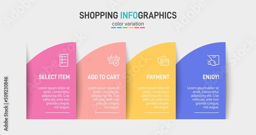 Concept of shopping process with 4 successive steps. Four colorful graphic elements. Timeline design for brochure, presentation, web site. Infographic design layout.