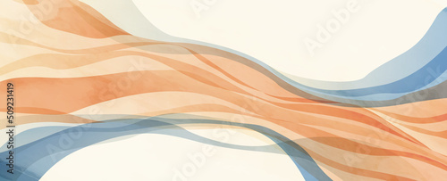 Abstract waves in blue and coral colors in the form of flowing ink. Art banner in watercolor style for wallpaper, print, interior design, packaging