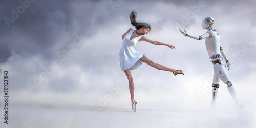 human dancer with dancing robot between clouds