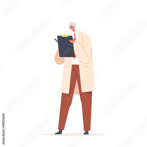 Scientific Professor Writing Notes Conducting Test in Chemical Laboratory. Nuts Doctor Character in White Lab Coat