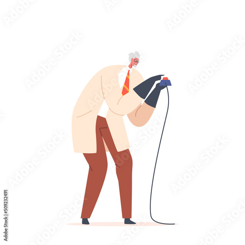 Crazy Professor Push Red Button with Wire, Science Mad Doctor Holding Electric Cables Conduct Experiment or Explode