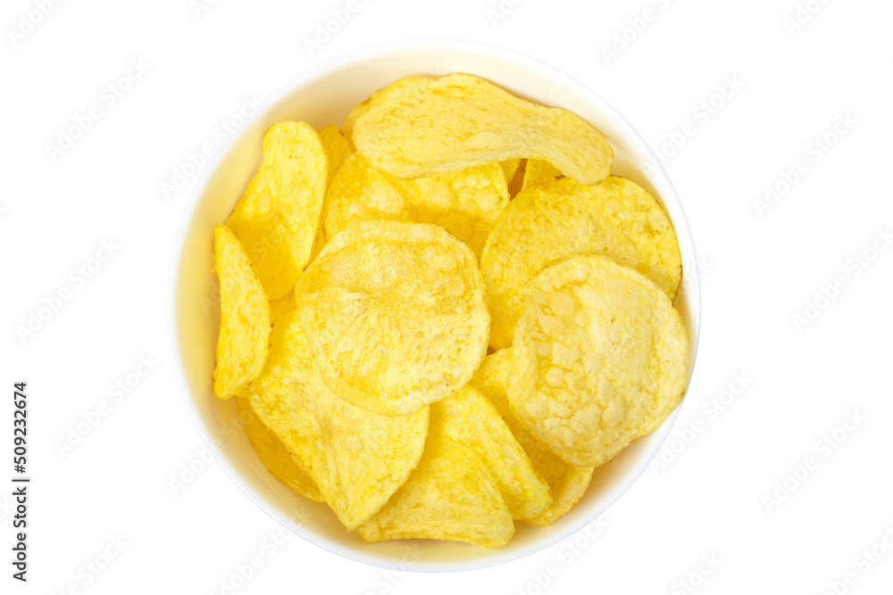 Natural potato chips in white ceramic bowl isolated on white background, top view Natural potato chips in white ceramic bowl isolated on white background, top view