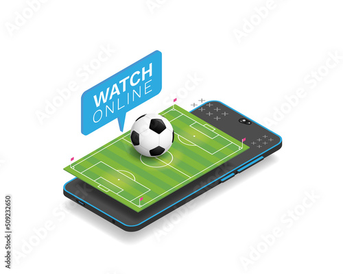 Football online. Football live. Soccer ball and an isometric football field. Football matches translation online