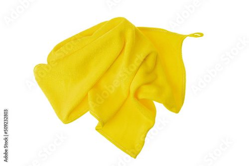 Yellow microfiber rag for cleaning and polishing various surfaces.